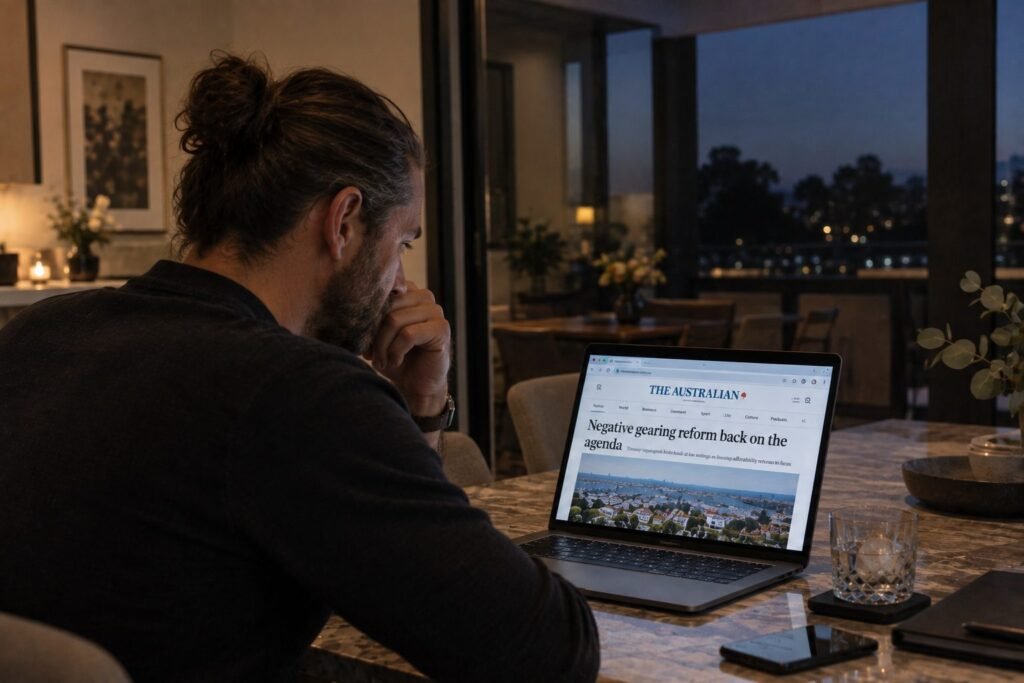 Professional reading about the negative gearing reform on a laptop at home