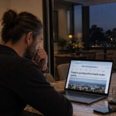 Professional reading about the negative gearing reform on a laptop at home