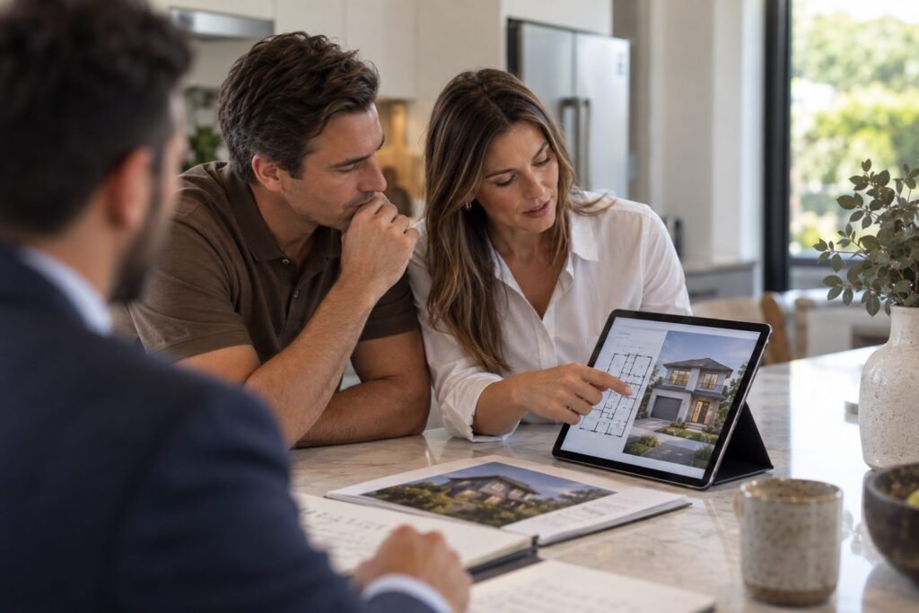 Professional reviewing off-the-plan new build investment plans on a tablet