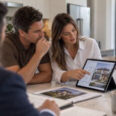 Professional reviewing off-the-plan new build investment plans on a tablet