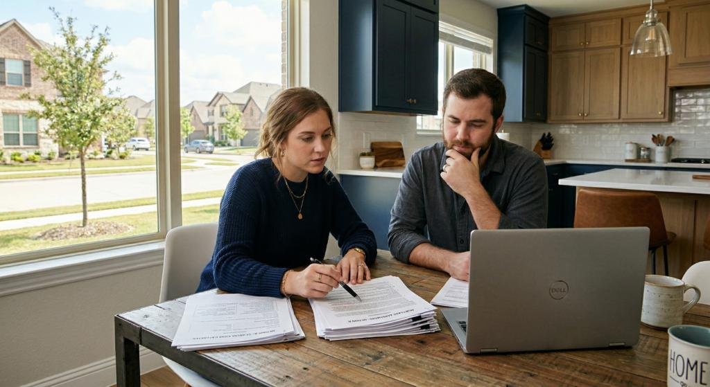 Diagram style photo of a Melbourne couple reviewing owner occupied home loan structure options at home
