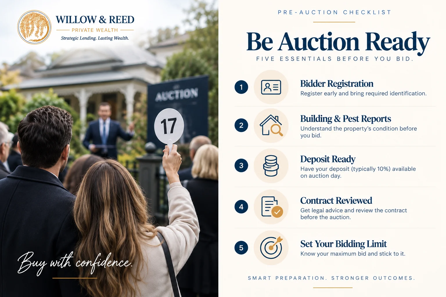 Auction day checklist covering bidder registration, deposit and contract terms for a confident property buyer