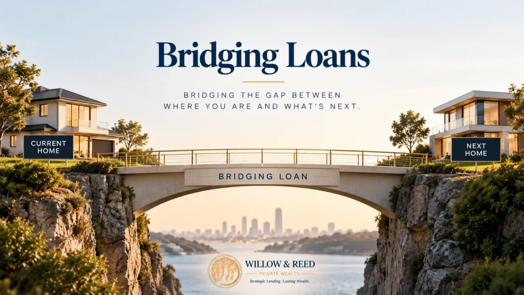 Two houses connected by a bridge icon illustrating a bridging loan that lets homeowners buy before they sell
