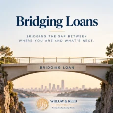 Two houses connected by a bridge icon illustrating a bridging loan that lets homeowners buy before they sell