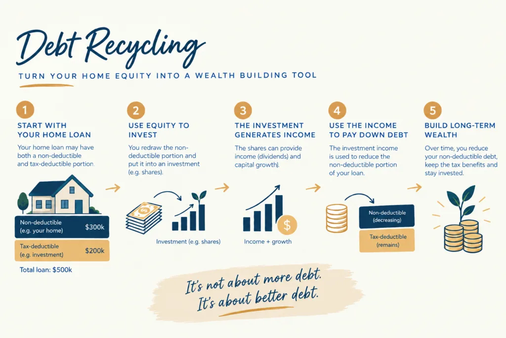 Diagram showing how a debt recycling strategy splits home loan debt into a tax deductible investment portion and a non deductible portion