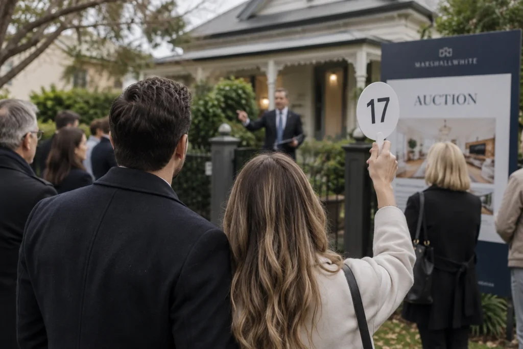 Buyer raising a hand to bid at a property auction in Melbourne with an auctioneer taking bids
