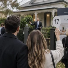 Buyer raising a hand to bid at a property auction in Melbourne with an auctioneer taking bids