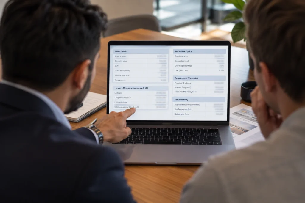 Homebuyer reviewing a Lenders Mortgage Insurance quote and deposit calculations with a mortgage broker