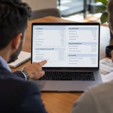 Homebuyer reviewing a Lenders Mortgage Insurance quote and deposit calculations with a mortgage broker
