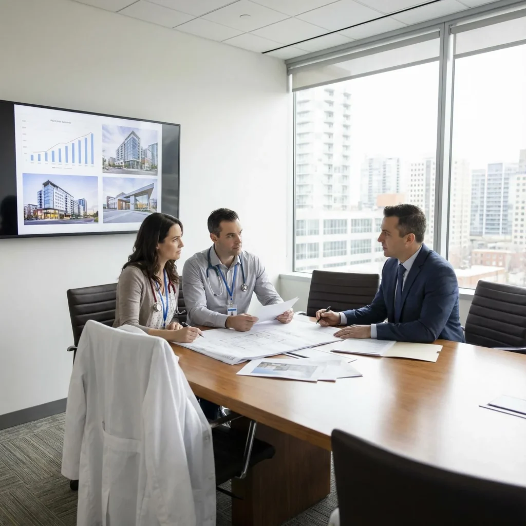 Doctor discussing exclusive home loan benefits for medical professionals with a mortgage broker