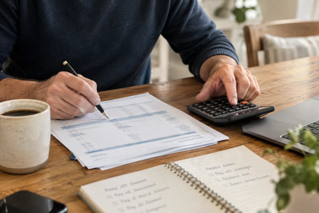 Homeowner using a calculator and mortgage statements at the kitchen table to plan strategies for paying off their home loan sooner