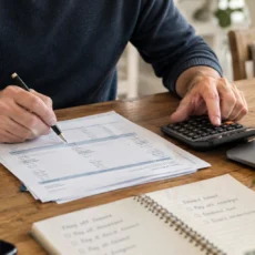Homeowner using a calculator and mortgage statements at the kitchen table to plan strategies for paying off their home loan sooner