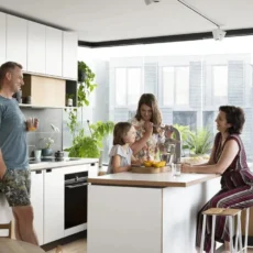Family chatting around the kitchen island at home on a bright spring morning